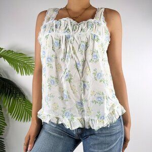 Laura Ashley Vintage Floral Sleeveless Ruffle Blouse Cottagecore Coquette / L